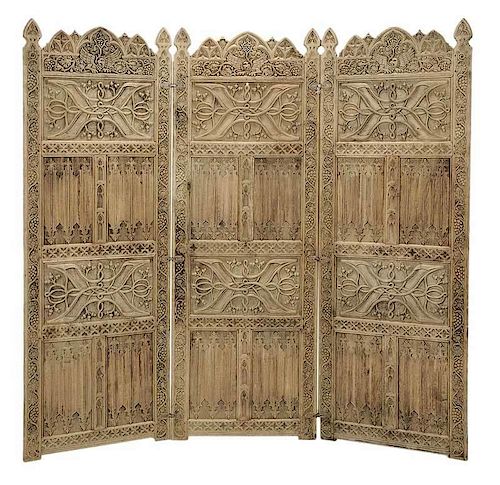 Gothic Style Carved Oak Three Panel Room Screen 