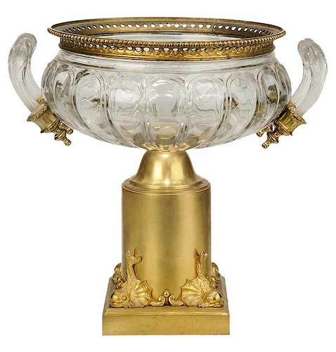 Large Gilt Bronze Mounted Cut Crystal Urn