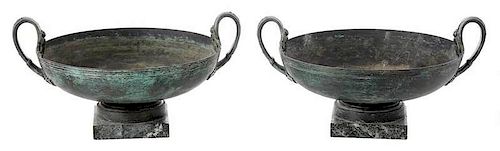 Pair of Bronze Urns with Marble Bases