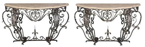 Pair Wrought Iron Stone Top Consoles