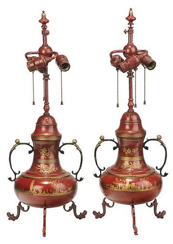 Pair of Red Tole Painted Lamps
