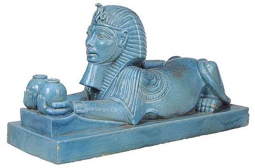 Large Blue Glazed Terra Cotta Figure of Sphinx