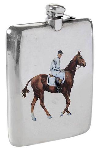 Silver Flask with Enamel Horse and Jockey