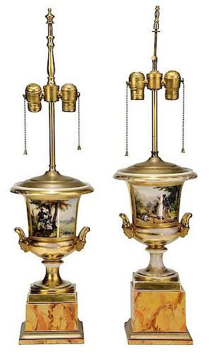Pair of Gilt Porcelain Urns Converted to Lamps