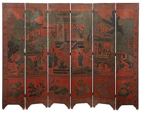 Chinese Red Lacquer Six Panel Room Screen