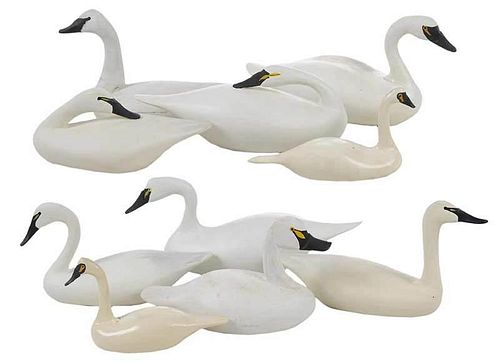 Ten Carved Miniature Swans