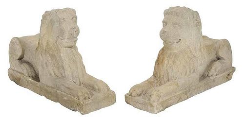 Pair Folk Art Carved Stone Recumbent Lions
