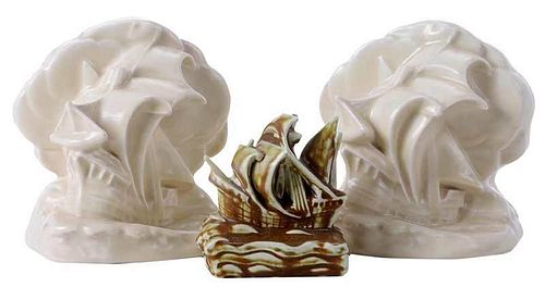 Rookwood Bookends and Ship Paperweight