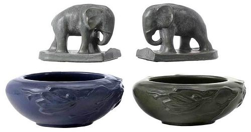 Art Pottery Elephant Bookends, Two Low Vases