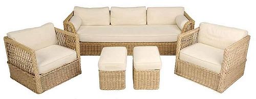 Wicker and Upholstered Five Piece Patio Set