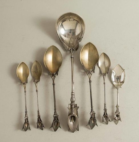 Assembled Silver Ladle & Serving Spoons, Lily Handles