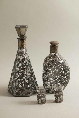 Two Glass Decanters & Shot Glasses with Silver Overlay