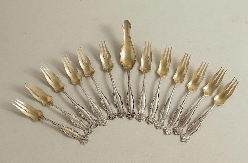 Gilt Sterling Pastry Forks & Aspic Server, Canterbury Pattern