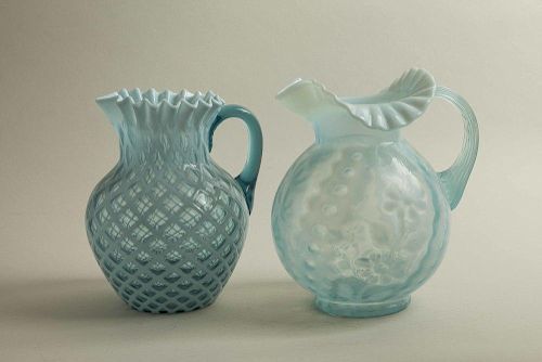 Two Blue Glass Pitchers