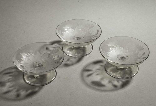3 Locke Art Glass Footed Bon Bon in Indian Almond Pattern