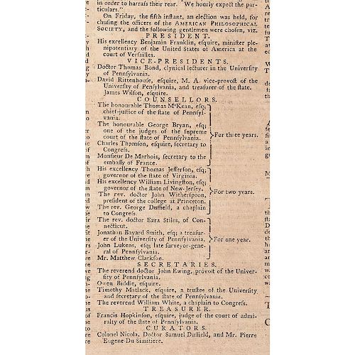 Revolutionary War-Era Newspaper Reporting on Election of Benjamin Franklin as President of the American Philosophical Society