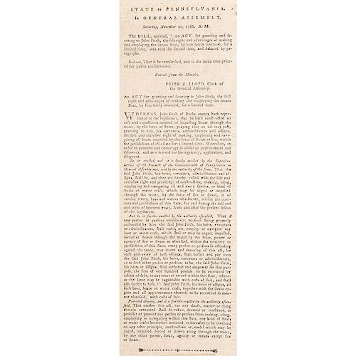 Pennsylvania Journal and the Weekly Advertiser Containing Act Granting Steamboat Monopoly to John Fitch, 1786