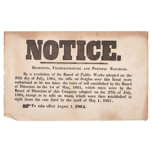 Notice. Richmond, Fredericksburg and Potomac Railroad, Broadside, 1864