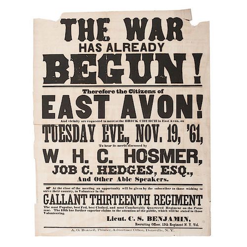 The War Has Already Begun!, New York 13th Regiment Recruitment Broadside, November 1861