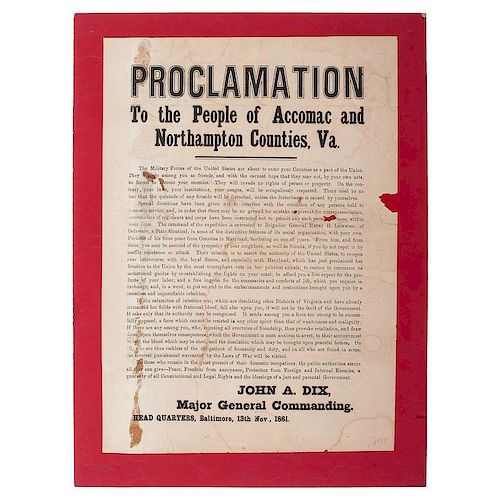 Major General John A. Dix, Proclamation to the People of Accomac and Northampton Counties, VA, November 1861