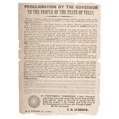 Very Rare Proclamation ... to the People of...Texas, July 1863, After the Fall of Vicksburg
