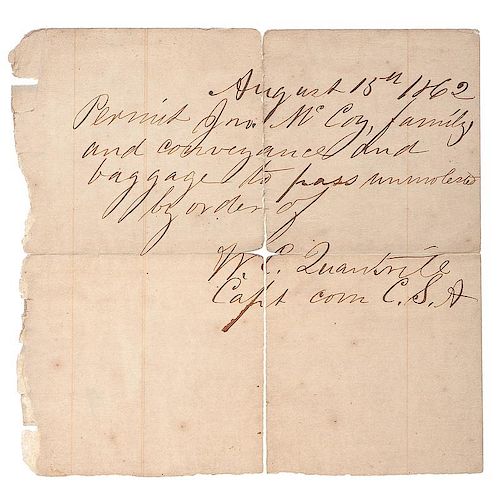 Confederate Pass Signed by Captain William C. Quantrill