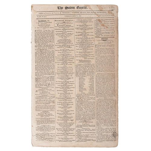 Salem Gazette Containing Headlines Lamenting the Recent Inauguration of Thomas Jefferson, 1801