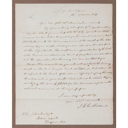 Secretary of War John C. Calhoun Letter Signed, Money Owed to the Delaware Indians
