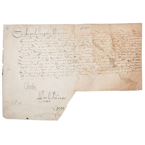 King Charles IX Manuscript Document Signed, 1570