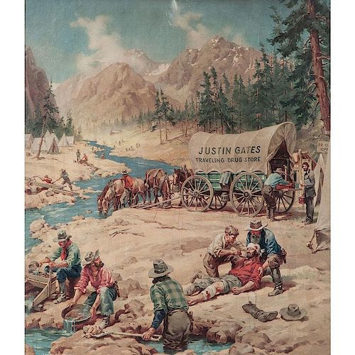 Justin Gates Traveling Drug Store, Advertising Lithograph Featuring Covered Wagon & Miners