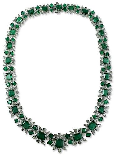 Contemporary 18 Karat Emerald & Diamond Necklace