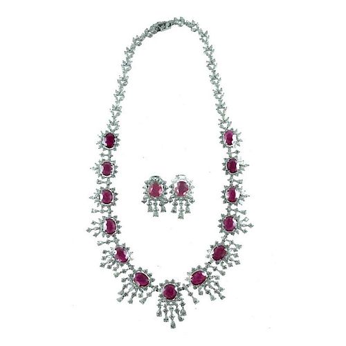 Contemporary Ruby & Diamond Necklace Earring Suite