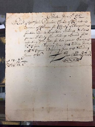 Allen, Jeremiah (1673-1741) Autograph Document Signed 7 June 1717. Excise tax document from Hampshire County, Massachusetts,