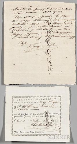 American Revolutionary Wartime Documents, Two. Receipt from the House of Representatives in New Haven, Connecticut, October 1