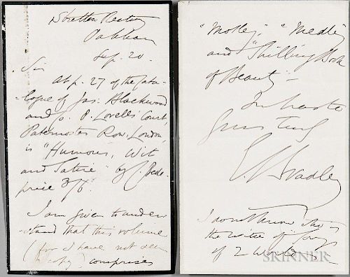 Bradley, Edward [aka Cuthbert M. Bede] (1827-1889) Autograph Letter Signed. Small laid bifolium with black mourning edges, to