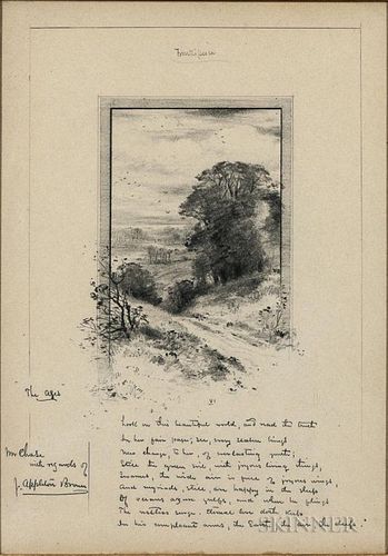 Brown, John Appleton (1844-1902) Original Signed Pencil Sketch. Drawing of a country landscape within a sketched frame, with