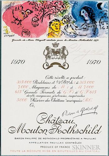 Chagall, Marc (1887-1985) Signed Chateau Mouton Rothschild Wine Label, 1970. Label with art by Chagall printed in gold and co