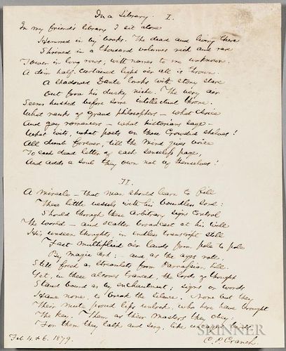 Cranch, Christopher Pearse (1813-1892), Original Manuscript of the Poem, "In a Library," February 4 & 6, 1879. Single sheet o