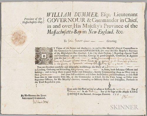 Dummer, William (1677-1761) Military Commission Signed, 1 February 1727. Sealed document on laid paper, typographically print