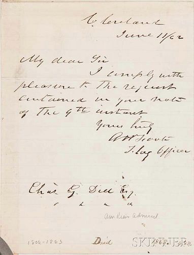 Foote, Andrew Hull (1806-1863) Autograph Letter Signed, 11 June 1862. Single leaf of lined paper inscribed on one page. To Ch