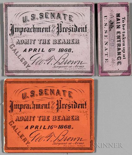 Johnson, Andrew (1808-1875) Impeachment Ticket and Stub, 6 April 1868; and a Second Ticket 16 April 1868. Two pale purple car