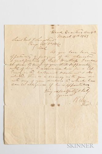 Lee, Robert E. (1807-1870) Letter Signed, 18 March 1863. Single sheet of wove paper inscribed over one page to Lieutenant Gen