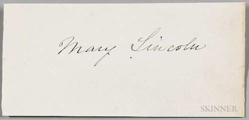 Lincoln, Mary Todd (1818-1882) Signature. Small slip of laid paper bearing Mrs. Lincoln's signature, 4 1/2 x 2 in.