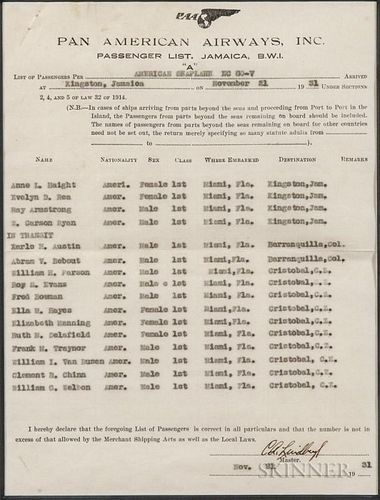 Lindbergh, Charles (1902-1974) Document Signed 21 November 1931. Typed passenger list, Pan American Airways, listing passenge