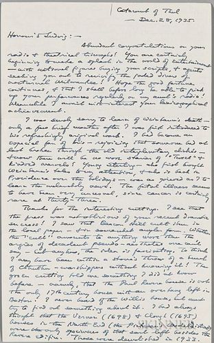 Lovecraft, H.P. (1890-1937) Autograph Letter Signed, 28 December 1935. Single leaf of paper inscribed densely over two pages,