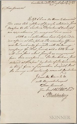 Muhlenberg, Peter (1746-1807) Secretarial Letter Signed, Cumberland, Old Courthouse, 14 September 1782. Single legal-format l