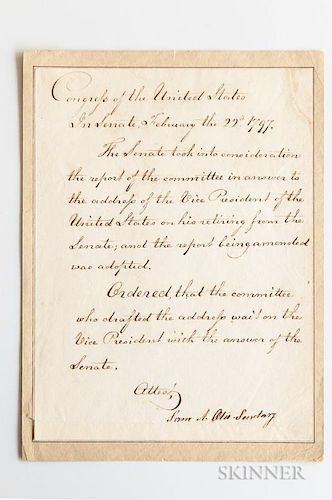 Otis, Samuel Allyne (1740-1814) Document Signed February 22, 1797, Referring to John Adams' Retirement from the Senate. Singl
