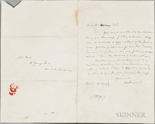 Scott, Sir Walter (1771-1832) Autograph Letter Signed, 21 May 1829. Single wove bifolium inscribed over one page, to a Mr. Fo