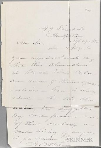 Stowe, Harriet Beecher (1811-1896) Autograph Letter Signed, 12 September 1883. Single leaf of laid paper inscribed over one p