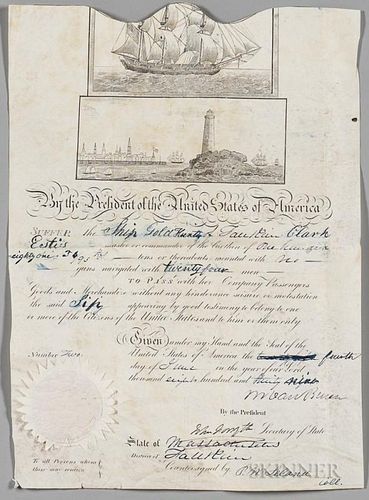 Van Buren, Martin (1782-1862) Signed Ship's Passport, 1809. Parchment with engraved images of ship and port with lighthouse a